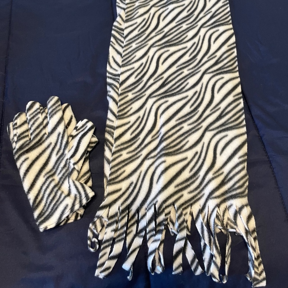 Zebra stripe animal print scarf and gloves.